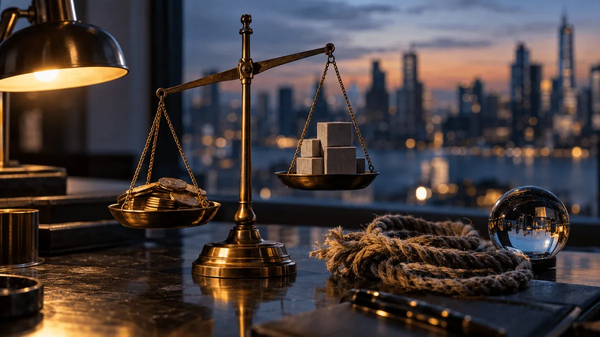 A close-up still life on a polished dark desk: a small brass balance scale tipping unevenly, one side holding a scattering of gold-toned metal coins, the other a stack of muted gray ceramic blocks, lit by a single warm desk lamp against a s