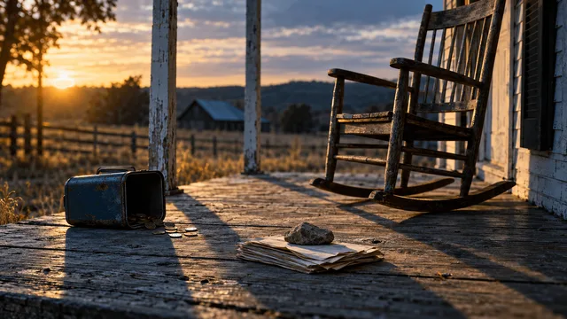 Spotlight a single empty wooden rocking chair on a weathered porch, a tin lunch pail with a few coins spilled beside it, and a thin stack of old pay stubs pinned under a stone against the wind.