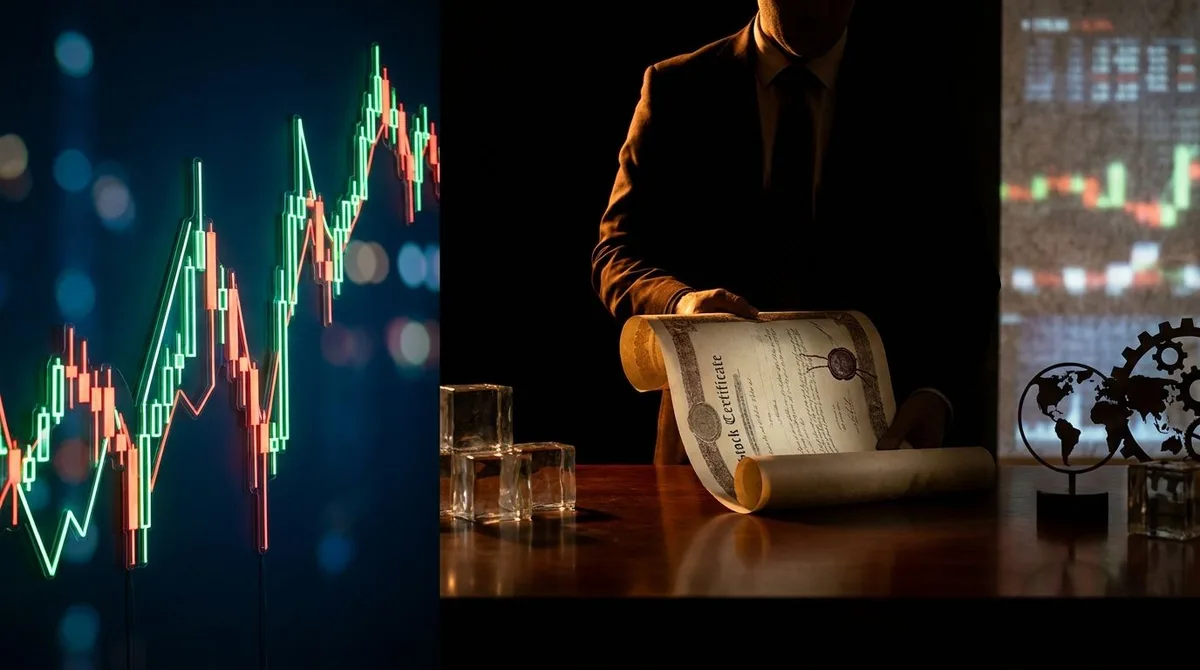 A dramatic split-screen visualization of a stock chart with wildly diverging candlestick bars shooting upward and downward in sharp, volatile swings against a dark financial background. In the foreground, a shadowy silhouette of a suited executive figure is shown confidently purchasing or examining stock certificates, suggesting insider knowledge and strategic action. The overall color palette contrasts deep blues and blacks with bold flashes of green and red, evoking both the urgency of market 