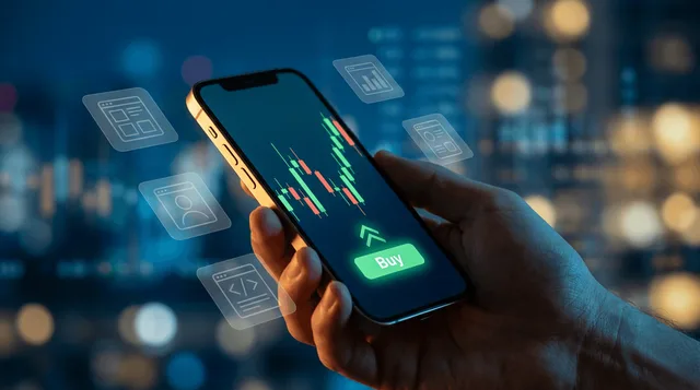 A close-up of a smartphone held in one hand, its screen glowing with a stock chart, green/red candlesticks, and a "Buy" button, set against a softly blurred background of financial data or city lights.
