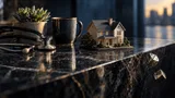 A still-life on a reflective dark marble counter: a weathered stethoscope coiled beside a small potted succulent and a ceramic mug, with a miniature architectural model of a house set slightly apart under cool, even light.