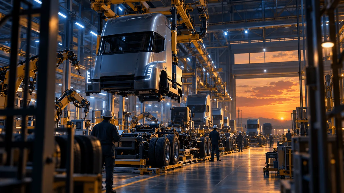Editorial illustration of an electric semi-truck body suspended on a factory assembly line, surrounded by robotic arms and industrial lighting at dusk.