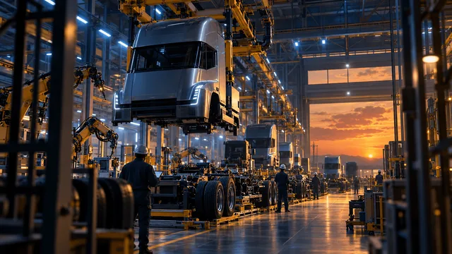 Editorial illustration of an electric semi-truck body suspended on a factory assembly line, surrounded by robotic arms and industrial lighting at dusk.