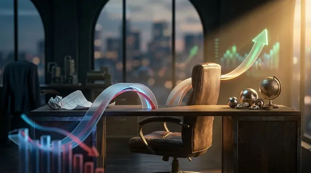 A trader sits at a desk with two paths diverging before them — one leading toward a rising green chart, the other toward a falling red chart — while they confidently pivot toward the rising one, leaving behind a crumpled piece of paper (their old prediction). The lighting is dramatic, with warm golden light illuminating the path forward and cooler shadows behind. The overall mood conveys freedom and clarity, symbolizing the act of letting go of ego to follow the market's truth.