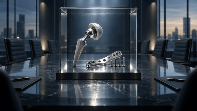 A titanium hip-replacement implant displayed in a glass case on a polished table, lit dramatically within a sleek boardroom-like setting, symbolizing a medical device business unit under evaluation for sale.