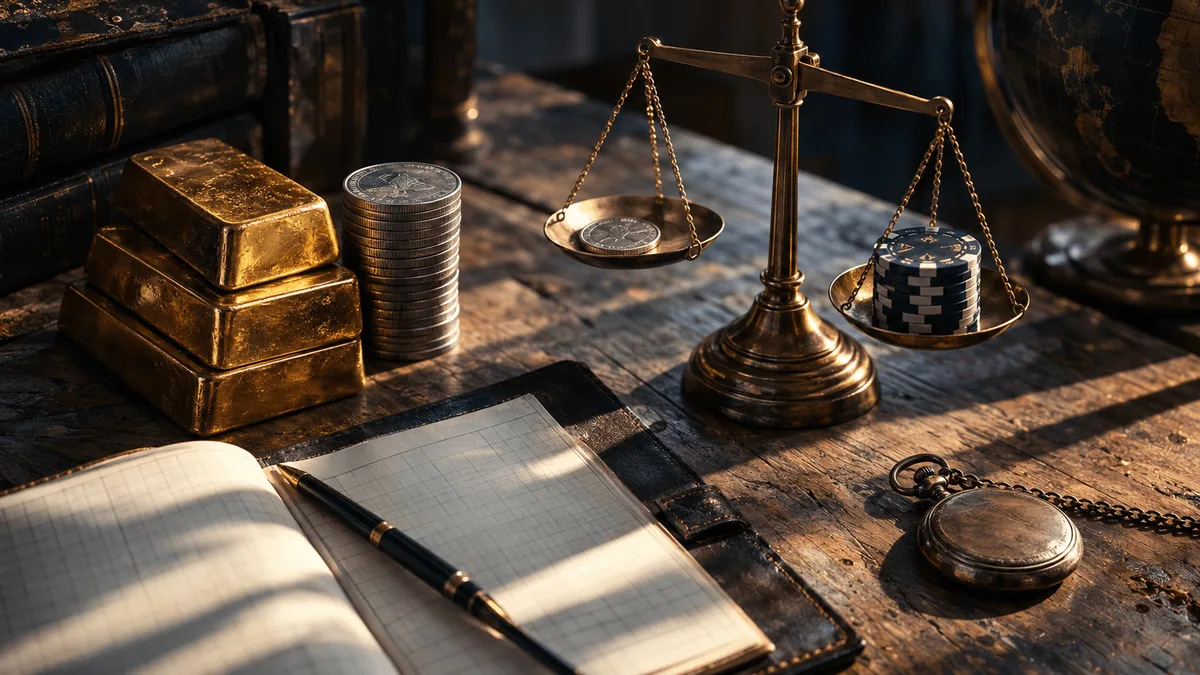 Overhead flat-lay on a weathered wooden desk: three small stacked gold bars beside a neat coil of silver coins, a leather-bound ledger left open to blank grid paper, and a brass balance scale holding a single coin on one side and a stack of