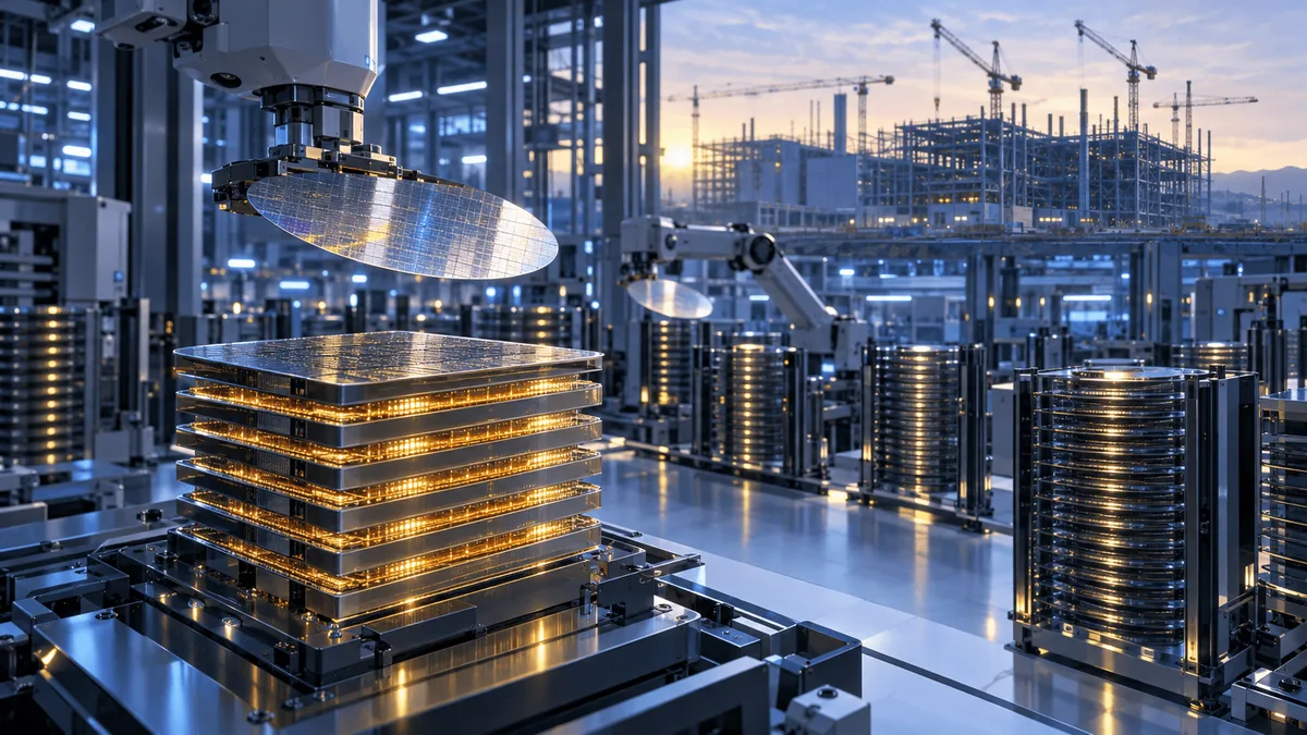 A large semiconductor fabrication facility with robotic arms handling silicon wafers, a cross-section of stacked memory chips in the foreground, and a new fab campus under construction in the background.