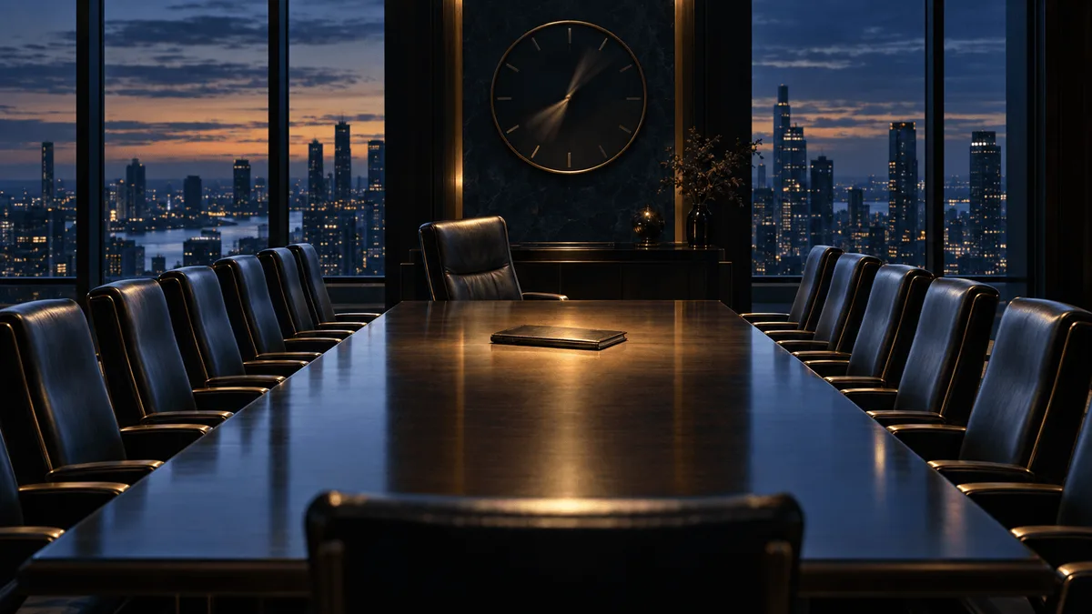 Dim, empty boardroom with twelve high-back chairs around a long table, one chair angled apart from the rest, and a blurred clock on the wall suggesting unresolved timing.