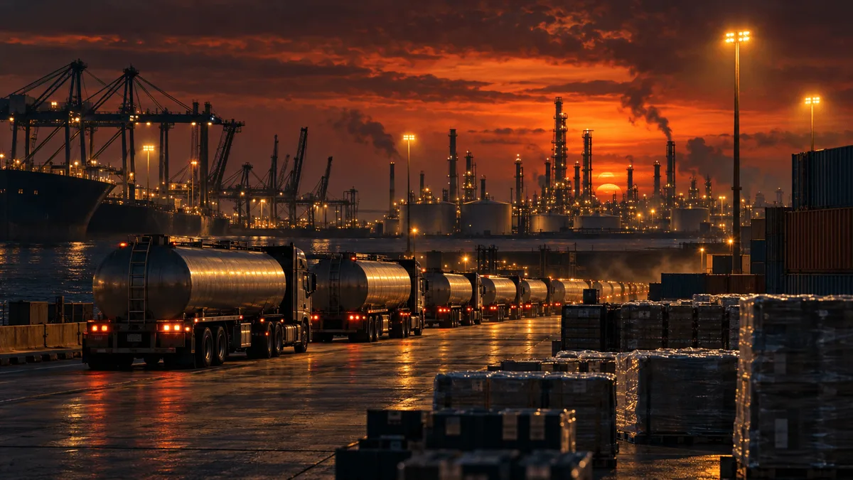 Diesel tanker trucks and shipping containers at an industrial freight terminal at dusk, with refinery towers glowing in the distant haze.
