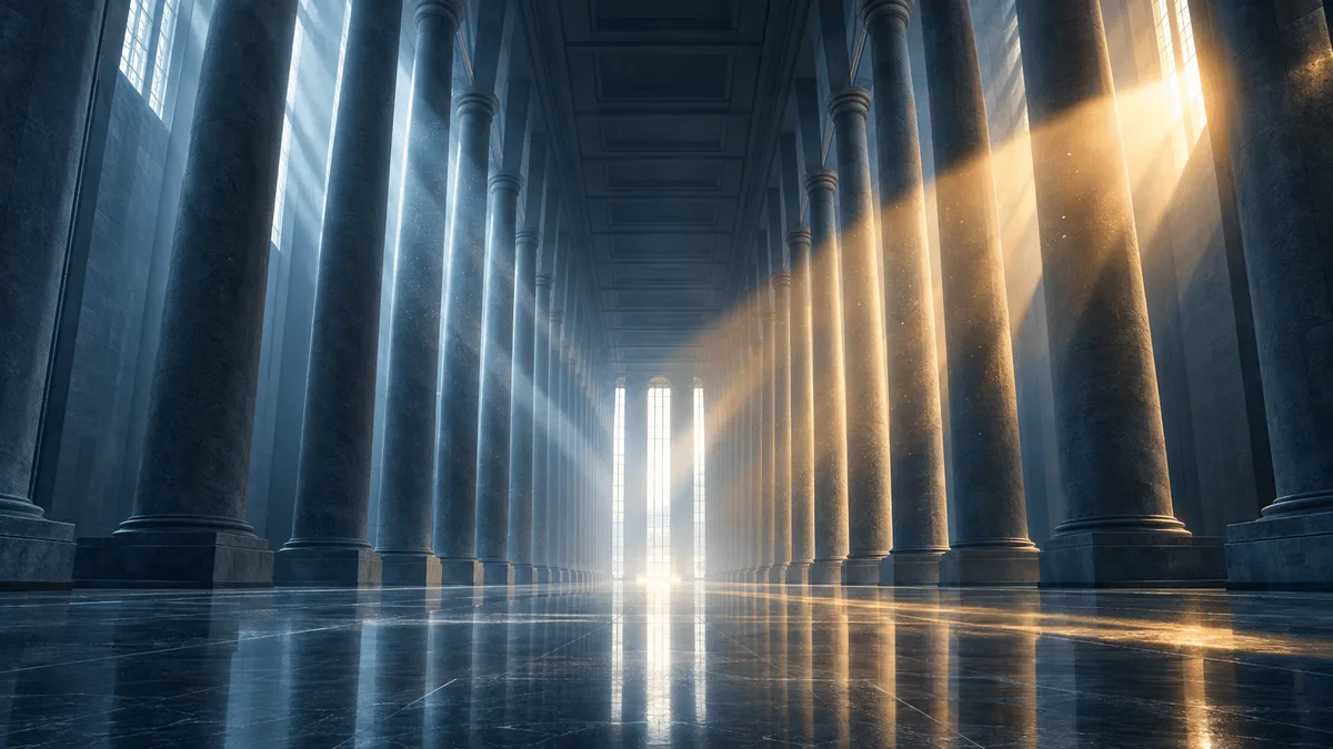 Wide symmetrical view of a grand, cold stone atrium with tall columns receding into bright light, crossed by a single warm shaft of light, evoking rising financial pressure.