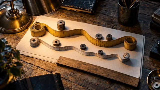 Overhead flat-lay on a weathered wooden desk: two coiled measuring tapes of different stretch and thickness lie side by side in parallel wavy curves atop a stack of blank graph paper, one tape resting flat and even, the other slightly loose