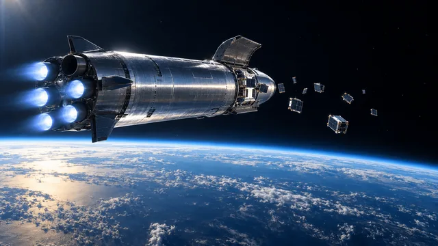 Starship's upper stage in orbit above Earth's curved horizon, deploying a cluster of satellites, with one of its rear engines visibly unlit compared to the others.