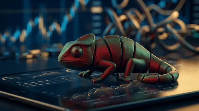 A chameleon perched on a stock market trading terminal or monitor, its skin displaying shifting colors that mirror the greens and reds of options charts and financial data visualizations.