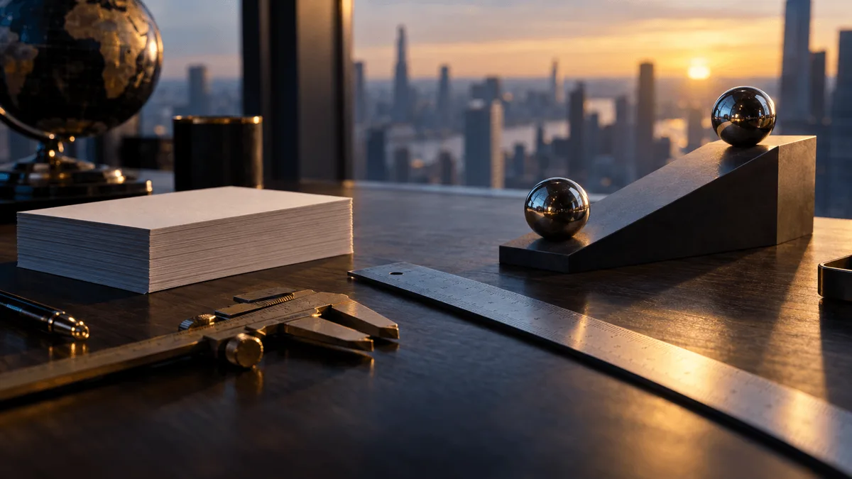 A clean trading desk at dawn: a steel ruler and a pair of brass calipers resting beside a stack of plain white index cards on dark walnut wood, each card edge-aligned like a measured price range.