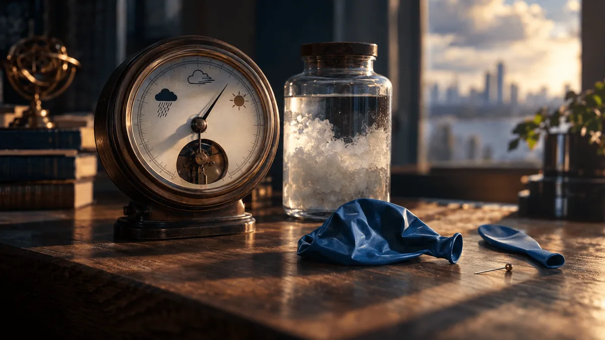 A weather barometer sits on a wooden desk beside a sealed glass storm jar, its needle swinging from "STORMY" toward "CLEAR" as morning light spills across the surface.