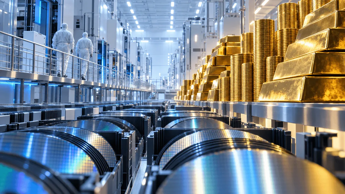 A semiconductor cleanroom with rows of silicon memory wafers in the foreground and architecturally stacked gold bars and coins in the background, symbolizing record profits and a massive shareholder payout.
