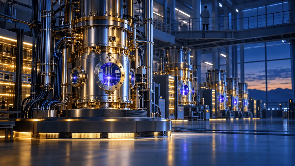 A large glowing ion-trap quantum computer chamber in a spacious lab, with rows of similar units in the background and an engineer observing from an elevated walkway.