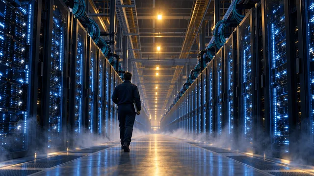 A long row of glowing AI server racks in a dimly lit data center aisle, with cooling mist and overhead cabling, and a technician walking away carrying a blank panel, evoking rapid infrastructure expansion.