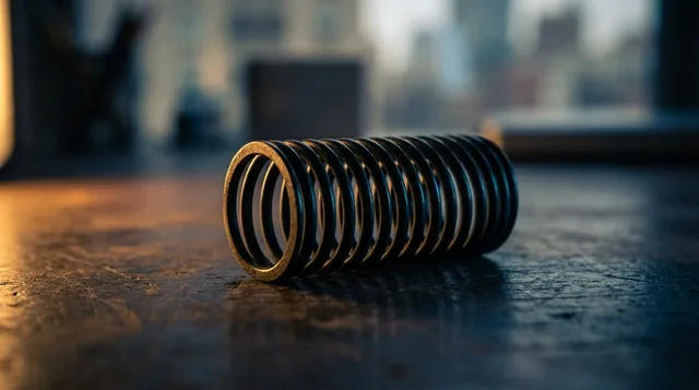 A tightly coiled spring resting on a flat surface, appearing completely still and unremarkable against a plain background, with subtle golden light beginning to catch its edges. The spring's compressed, dormant state visually captures the tension and hidden potential building beneath an outwardly boring surface. The contrast between the spring's motionless appearance and the implied explosive energy within perfectly mirrors the article's theme of quiet stock setups before massive breakout moves.
