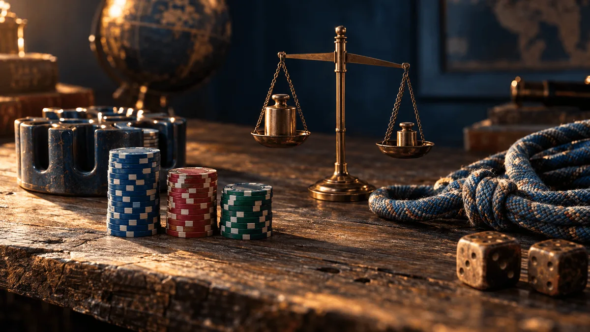 A single ceramic poker chip rack sits on a weathered wooden desk, three stacks of chips measured out in deliberately uneven heights beside a small brass balance scale holding two unequal weights in equilibrium.