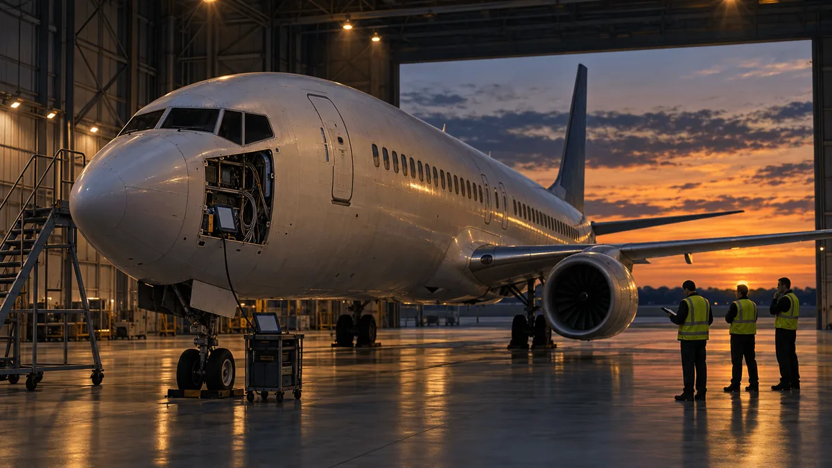 An unpainted commercial jet fuselage stands in a hangar with an open panel near the cockpit exposing wiring, while engineers observe from a distance during an apparent inspection pause.
