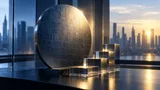 A stylized silicon wafer etched with circuit patterns stands upright near stacked glass blocks, set against a softly lit boardroom and distant city skyline, symbolizing technology growth and financial strength.