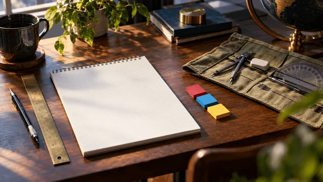A tidy wooden desk from a slightly elevated angle: a blank sketchpad ruled with faint grid lines sits beside a ruler, a mechanical pencil, and a small stack of colored sticky tabs in red, blue, and yellow.