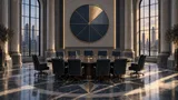 A formal boardroom with a circular table of twelve chairs, two angled apart from the rest, beneath a segmented wall clock symbolizing a meeting schedule change, lit softly with a city skyline visible through tall windows.