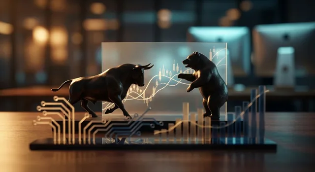 A split-scene image showing a bull and bear facing each other across a glowing stock market chart with candlestick patterns, set against a dark, dramatic background with dynamic green and red lighting.