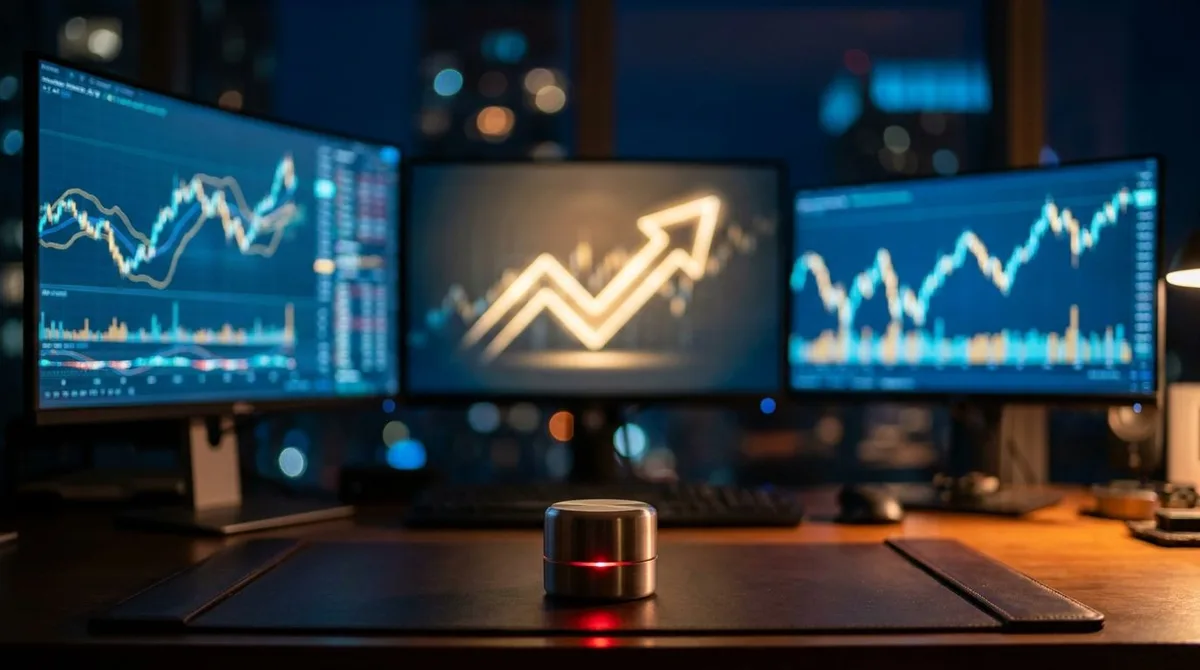 A trader sits at a desk surrounded by glowing screens, visibly captivated by a compelling stock chart with an upward arrow, while overlooking a subtle red warning signal in the corner. The scene conveys the tension between a convincing narrative and cold market reality — the trader's confident, almost dreamy expression contrasting with the unpredictable data in front of them. The mood is cinematic and slightly cautionary, with dramatic lighting emphasizing the gap between perception and truth.
