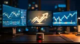 A trader sits at a desk surrounded by glowing screens, visibly captivated by a compelling stock chart with an upward arrow, while overlooking a subtle red warning signal in the corner. The scene conveys the tension between a convincing narrative and cold market reality — the trader's confident, almost dreamy expression contrasting with the unpredictable data in front of them. The mood is cinematic and slightly cautionary, with dramatic lighting emphasizing the gap between perception and truth.
