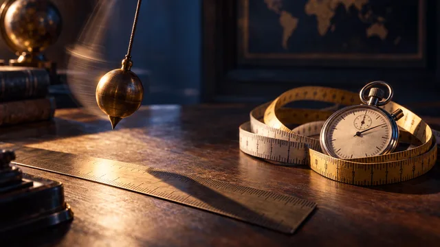 A desk-level still life: a brass pendulum caught mid-swing above a wooden table, casting a long shadow that crosses a ruler laid flat beside it.