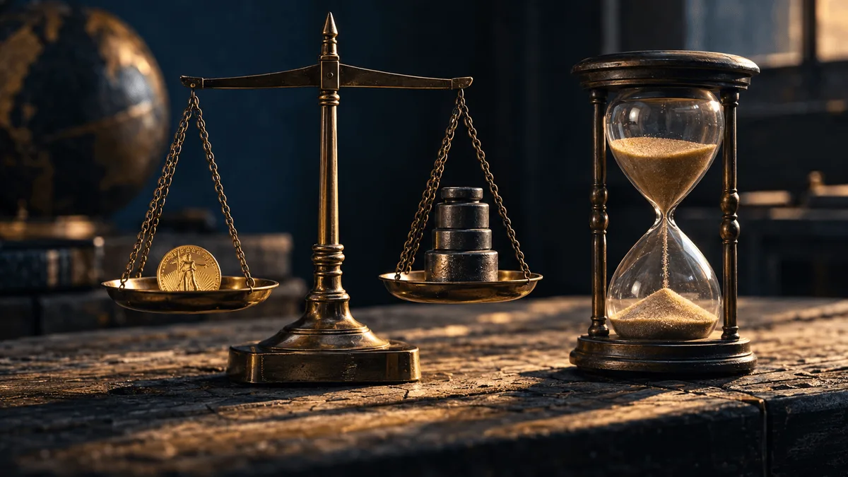 A sleek analog scale sits on a weathered wooden workbench, one brass pan holding a single gold coin, the other balanced with four small iron weights stacked in a neat column.