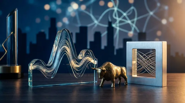 A sleek, dark-themed financial dashboard fills the screen, displaying cascading streams of real-time stock tickers, bond yield curves, and glowing green and red market data across multiple monitors.
