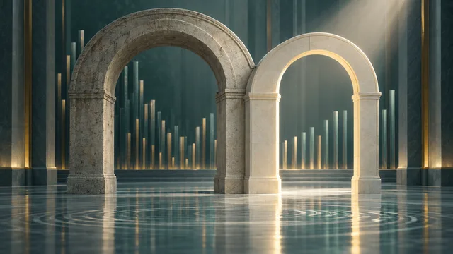 Conceptual architectural image of two stone archways—one older and wider, one newer and narrower—inside a financial hall, symbolizing a central bank shifting emphasis between two policy benchmarks.