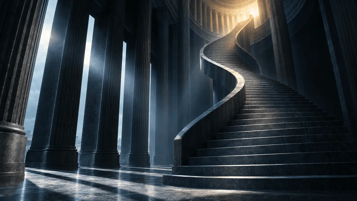 A steep stone-and-steel staircase spiraling upward into a shaft of light inside a vast, shadowy treasury-like hall, symbolizing sharply rising bond yields.