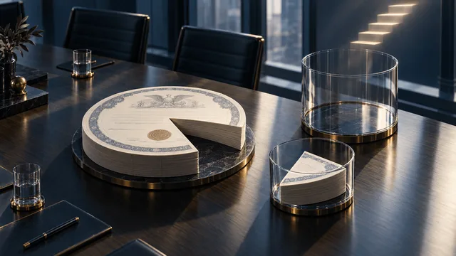 Overhead view of a boardroom table where a precise wedge of stock certificates has been separated from a larger stack and placed into a glass vessel, symbolizing a portion of company shares being set aside for a dedicated fund.