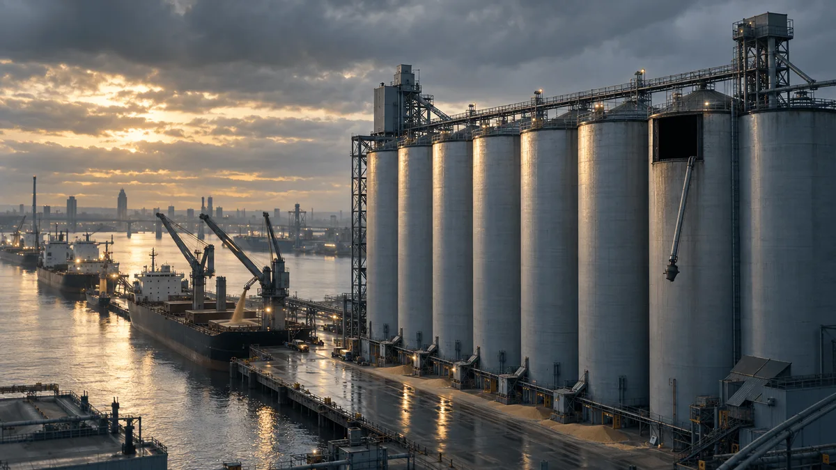A grain elevator complex at dawn with a row of silos and cargo ships being loaded at a dock, where one silo in the row stands conspicuously empty and disconnected from the loading equipment while the others are full.