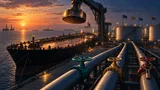 An oil tanker docked at an industrial terminal at dusk, with a large mechanical customs-stamp fixture suspended above it on a crane, and three pipelines with valves in different open, partial, and locked positions running toward the horizon.