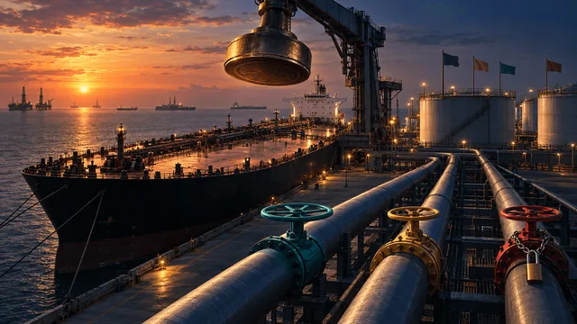 An oil tanker docked at an industrial terminal at dusk, with a large mechanical customs-stamp fixture suspended above it on a crane, and three pipelines with valves in different open, partial, and locked positions running toward the horizon.