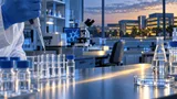 A pharmaceutical lab scene with a pipette dispensing liquid into test tubes on a steel counter, with soft-focus lab equipment and a corporate skyline glowing at dusk in the background.