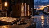Wide shot of a warehouse loading dock at dusk: rows of empty cardboard shipping boxes stacked in neat pallets, a single hand-truck parked beside them, and a lone incandescent bulb overhead casting a warm pool of light onto the concrete floo