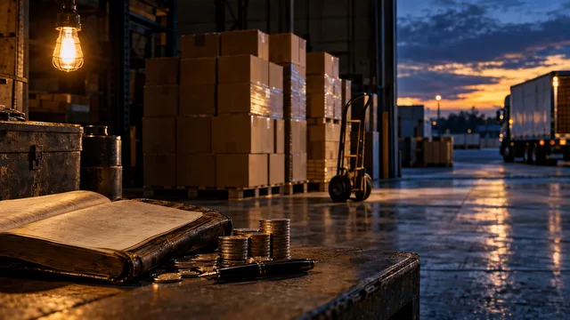 Wide shot of a warehouse loading dock at dusk: rows of empty cardboard shipping boxes stacked in neat pallets, a single hand-truck parked beside them, and a lone incandescent bulb overhead casting a warm pool of light onto the concrete floo