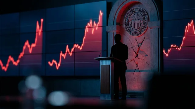 A stern, shadowy figure stands at a podium before a massive wall of fluctuating bond yield charts, with red upward-spiking lines dominating the display.