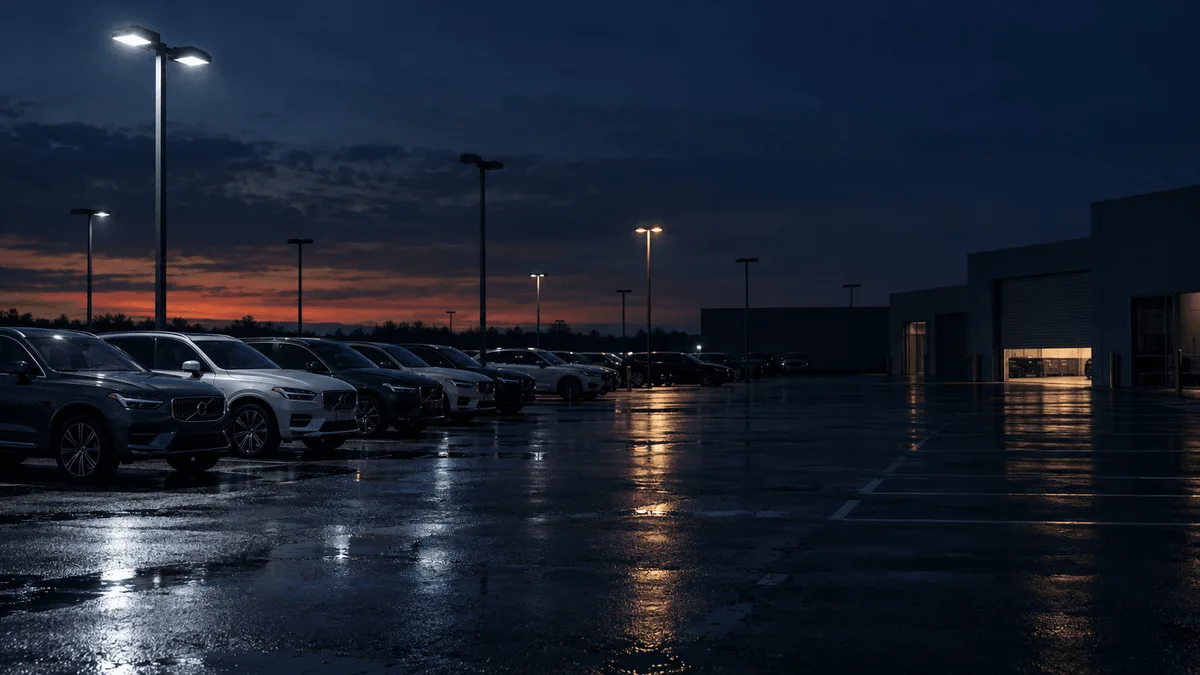 A dimly lit, largely empty car dealership forecourt at dusk, with rows of unsold vehicles under partially lit overhead lamps and a half-closed service bay door in the background.