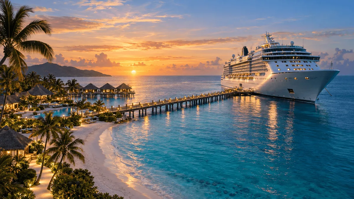 A cruise ship anchored offshore near a Caribbean beach resort with bungalows, connected by a long wooden pier at golden hour.