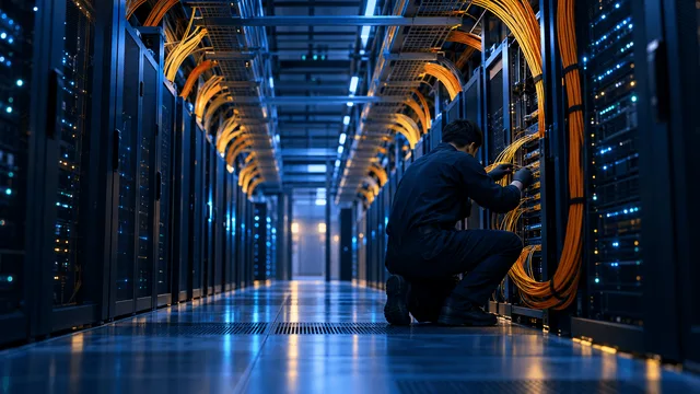A technician connects fiber-optic cables in a dimly lit data center aisle lined with unlabeled server racks, illustrating telecom infrastructure investment in AI computing.