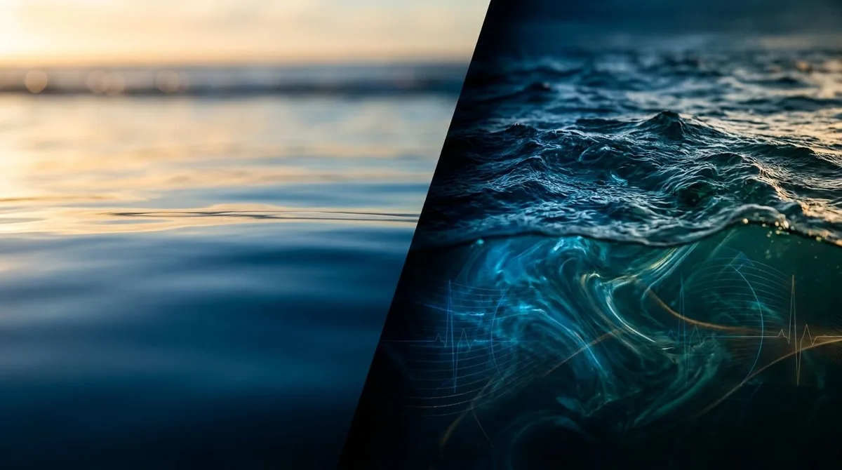 A split-screen visual showing a calm, glassy ocean surface on one side contrasted with turbulent, churning deep water visible below the surface on the other side. The underwater portion reveals hidden currents, swirling patterns, and subtle warning signals rendered as glowing data streams or radar-like pulses. This metaphor powerfully captures the article's core theme: dangerous market forces churning beneath a deceptively peaceful surface that most traders never see.