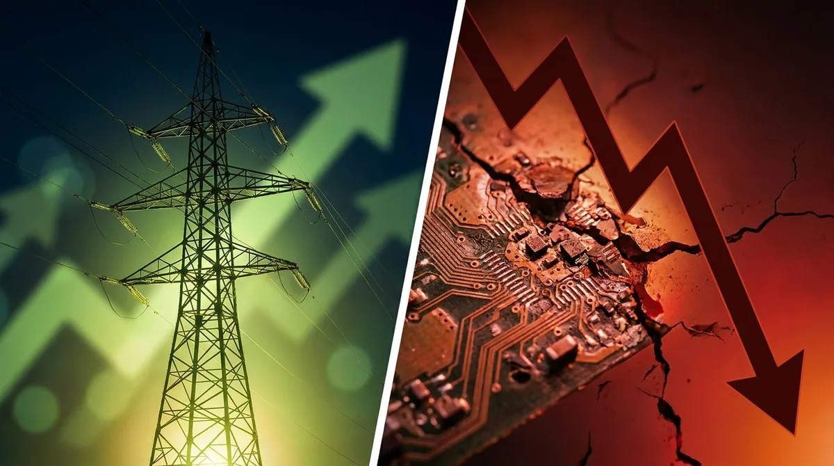A split-screen financial scene showing a glowing power grid or electrical tower bathed in warm green upward light on one side, contrasting sharply with a crumbling or downward-spiraling circuit board or tech chip consumed by red light on th