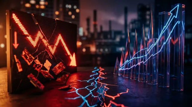 A dramatic split-scene showing a glowing stock market ticker board with red downward arrows and falling tech company logos on one side, while towering bond yield graphs spike sharply upward on the other side.